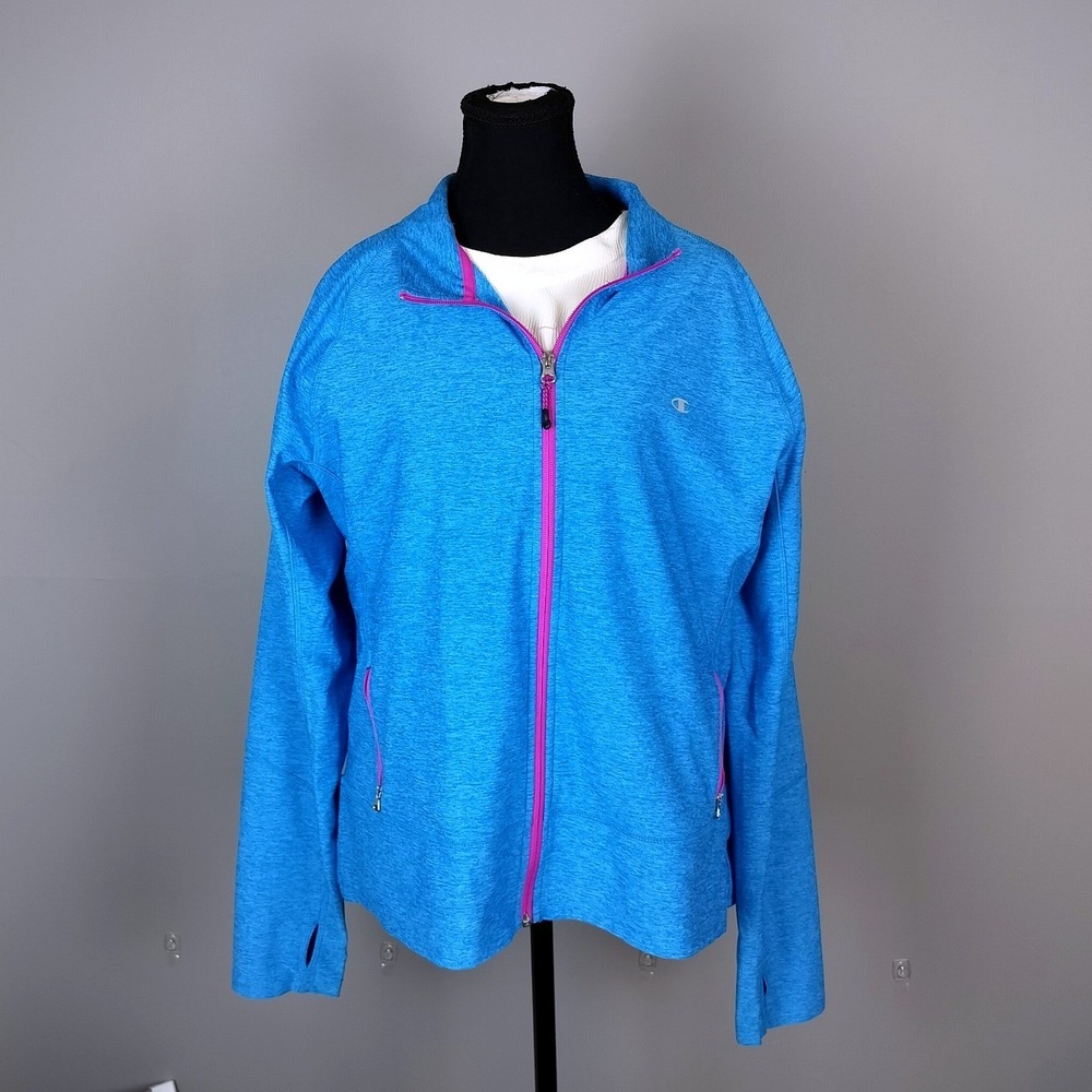 Champion Full Zip Spring Jacket Light Sweater Size XL Blue Pink Trim Thumbholes